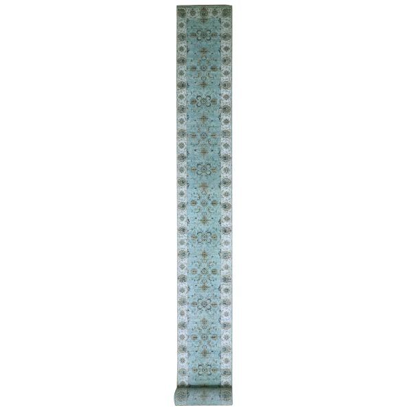 2'6"x29'10" Morning Blue, Hand Knotted, Agra, Shah Abbas Flower Vines Design, Pure Wool, Natural Dyes, Denser Weave, XL Runner, Oriental Rug HR76111