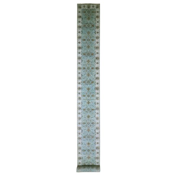 2'6"x25'7" Cerulean Blue, Pure Wool, Agra, Shah Abbas Flower Vines Design, Vegetable Dyes, Hand Knotted, Denser Weave, XL Runner, Oriental Rug HR76112