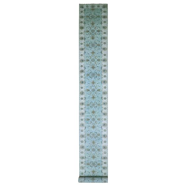 2'9"x24'3" Mist Blue, Natural Dyes, Agra, Shah Abbas Flower Vines Design, Luxurious Wool, Hand Knotted, Denser Weave, XL Runner, Oriental Rug HR76113