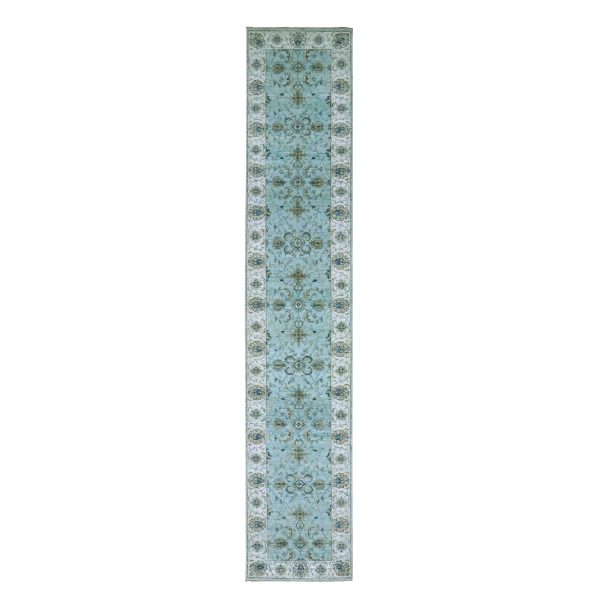 2'7"x14' Morning Blue, Agra, Shah Abbas Flower Vines Design, Luxurious Wool, Veggie Dyes, Hand Knotted, Denser Weave, Runner, Oriental Rug HR76116