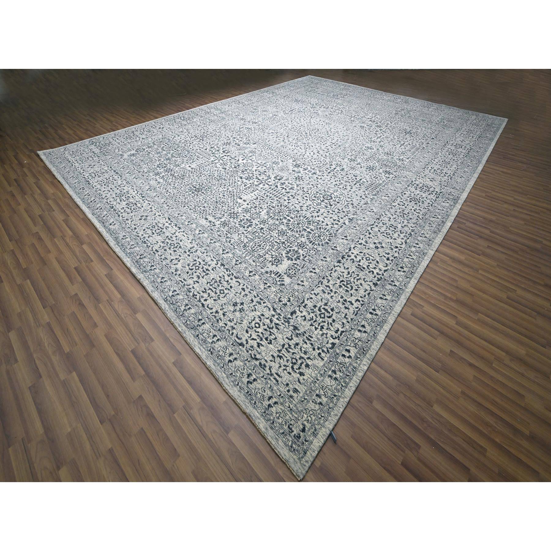 15'x20' Powder White, Mamluk Dynasty, Tone on Tone Design, Undyed Natural Wool, Densely Woven, Hand Knotted, Oversized, Oriental Rug HR76119 - Image 3