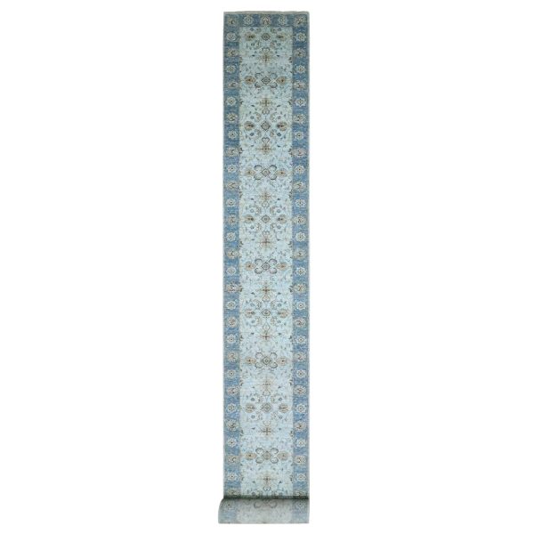 2'7"x25'9" Light Turquoise Blue, All Over Shah Abbas Flower Design, Natural Dyes, Denser Weave, Agra, Pure Wool, Hand Knotted, XL Runner, Oriental Rug HR76125