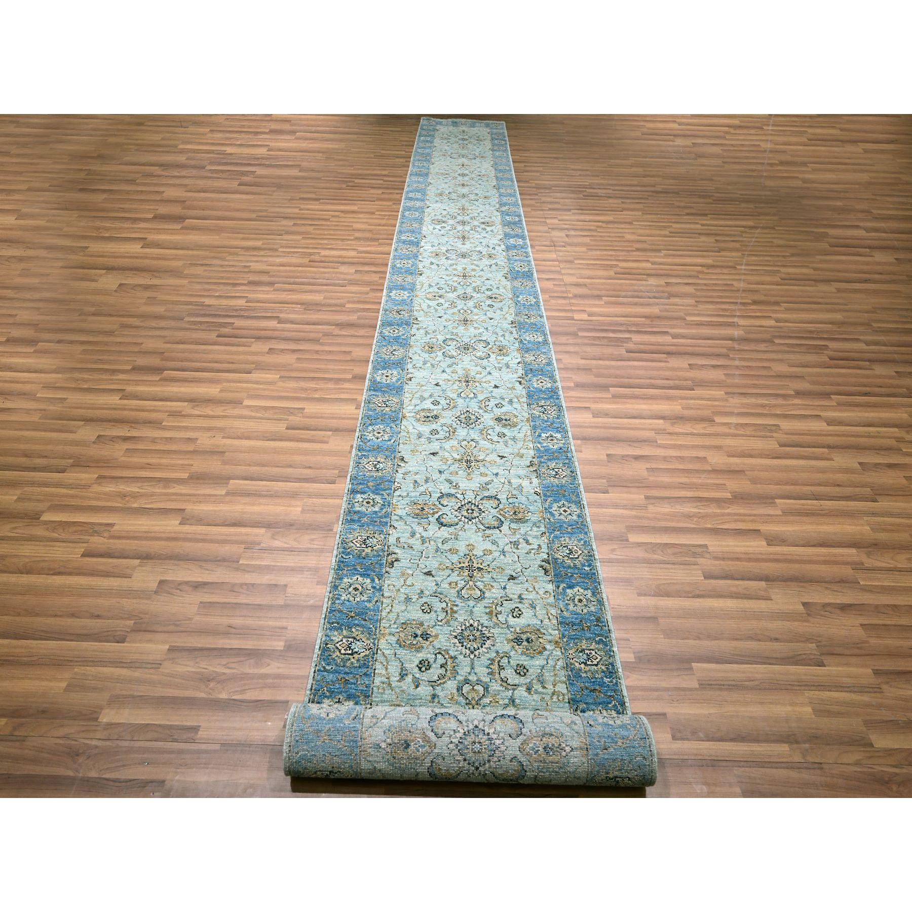 2'9"x27' Crystal Blue, Veggie Dyes, Agra, All Over Shah Abbas Flower Design, Denser Weave, Pure Wool, Hand Knotted, XL Runner, Oriental Rug HR76127 - Image 2