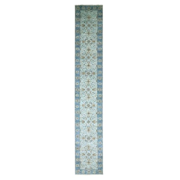 2'8"x16'1" Sky Blue, All Over Shah Abbas Flower Design, Natural Dyes, Agra, Pure Wool, Densely Woven, Hand Knotted, XL Runner, Oriental Rug HR76128