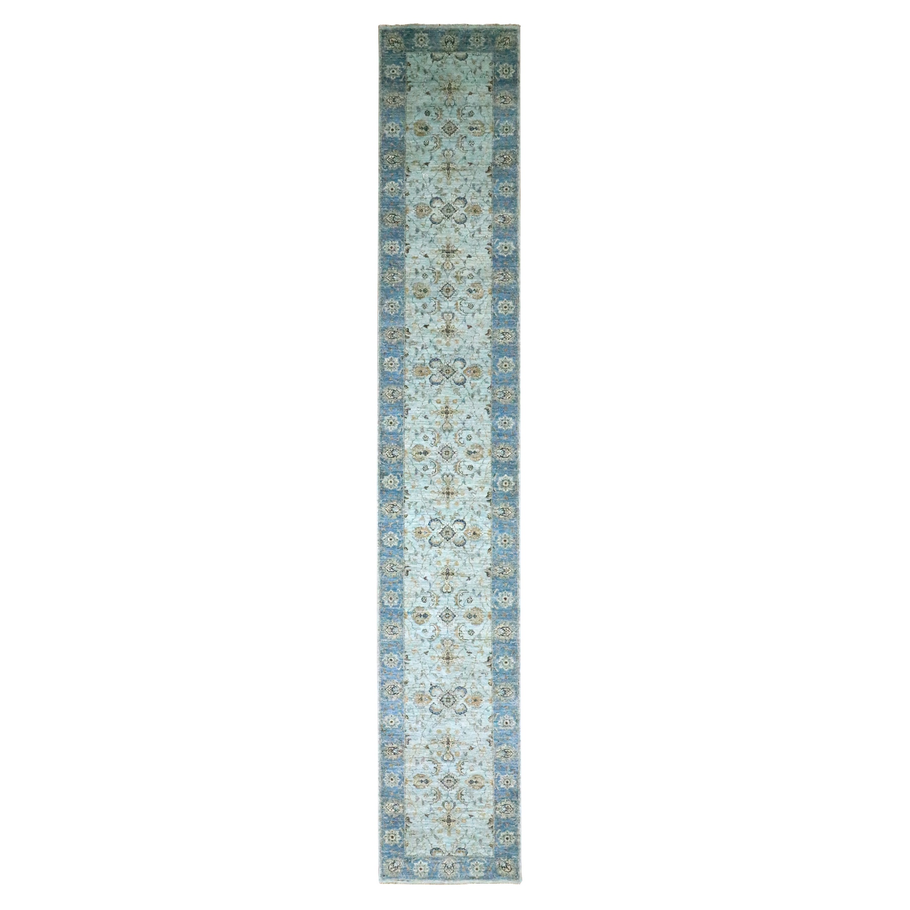 2'8"x16'1" Sky Blue, All Over Shah Abbas Flower Design, Natural Dyes, Agra, Pure Wool, Densely Woven, Hand Knotted, XL Runner, Oriental Rug HR76128