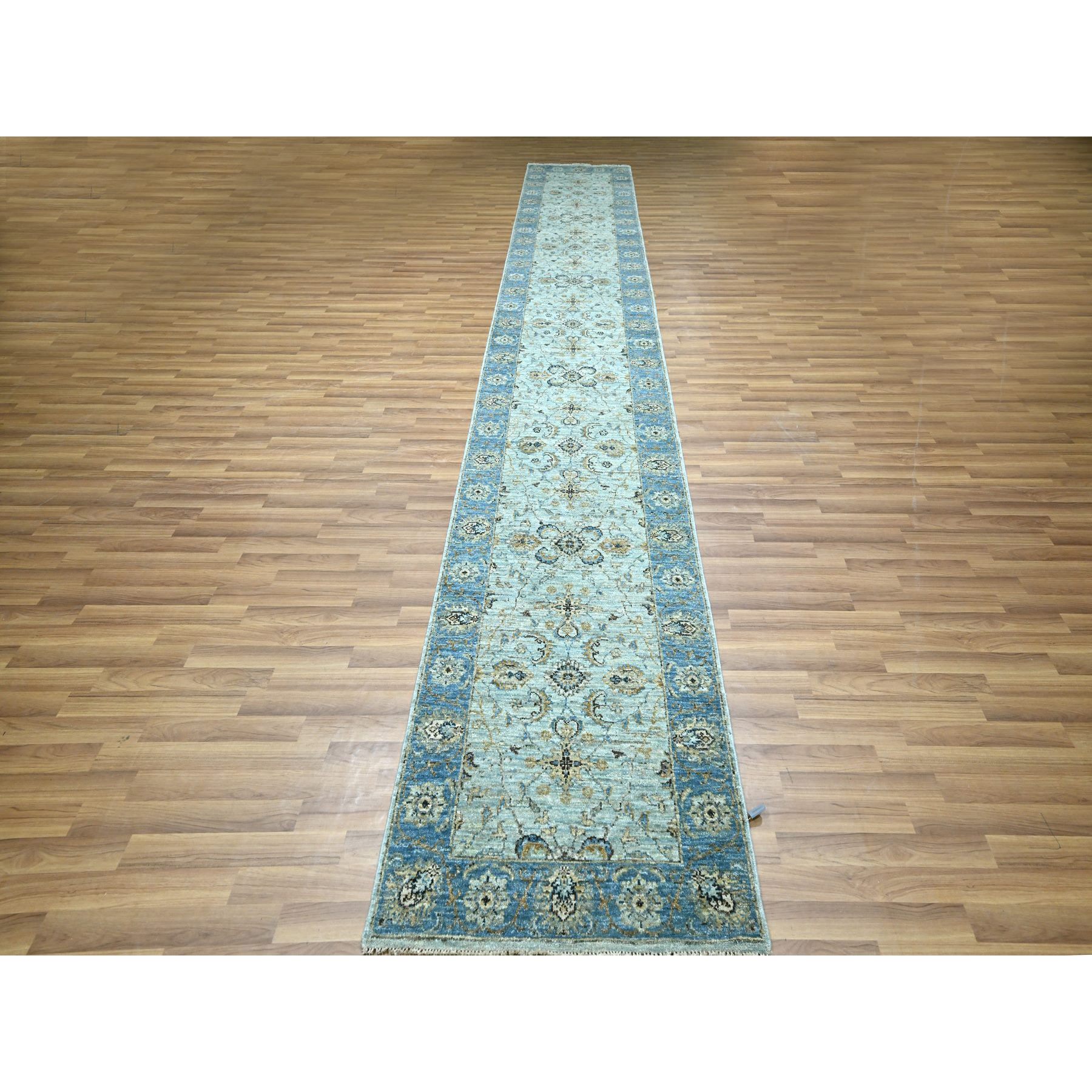 2'8"x16'1" Sky Blue, All Over Shah Abbas Flower Design, Natural Dyes, Agra, Pure Wool, Densely Woven, Hand Knotted, XL Runner, Oriental Rug HR76128 - Image 2