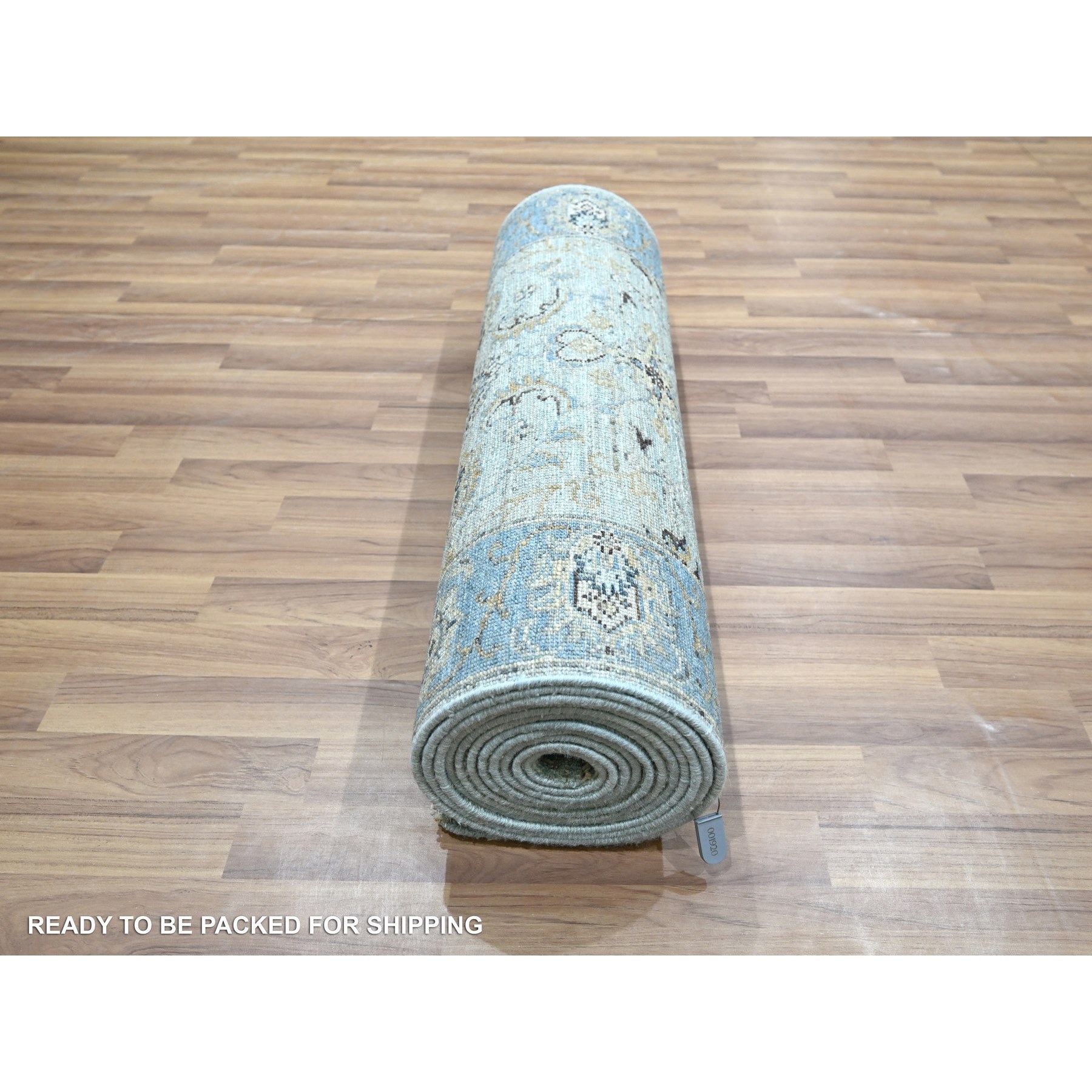 2'8"x16'1" Sky Blue, All Over Shah Abbas Flower Design, Natural Dyes, Agra, Pure Wool, Densely Woven, Hand Knotted, XL Runner, Oriental Rug HR76128 - Image 5