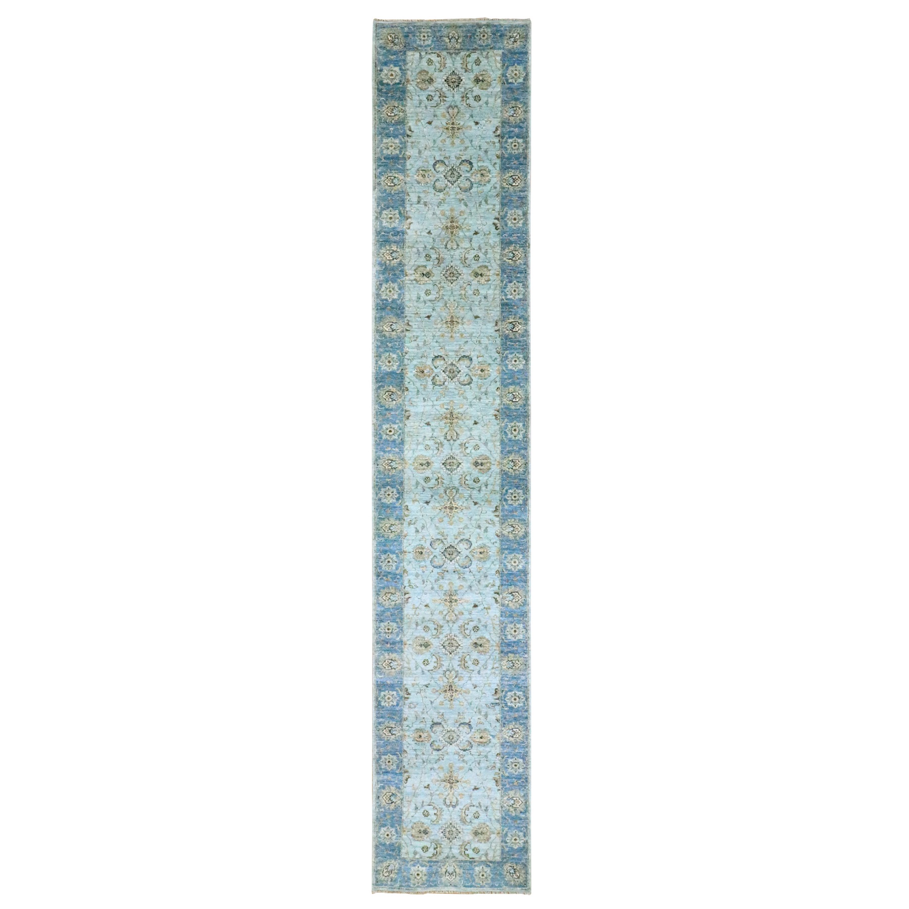 2'6"x14' Light Cyan Blue, All Over Shah Abbas Flower Design, Vegetable Dyes, Denser Weave, Agra, Pure Wool, Hand Knotted, Runner, Oriental Rug HR76129
