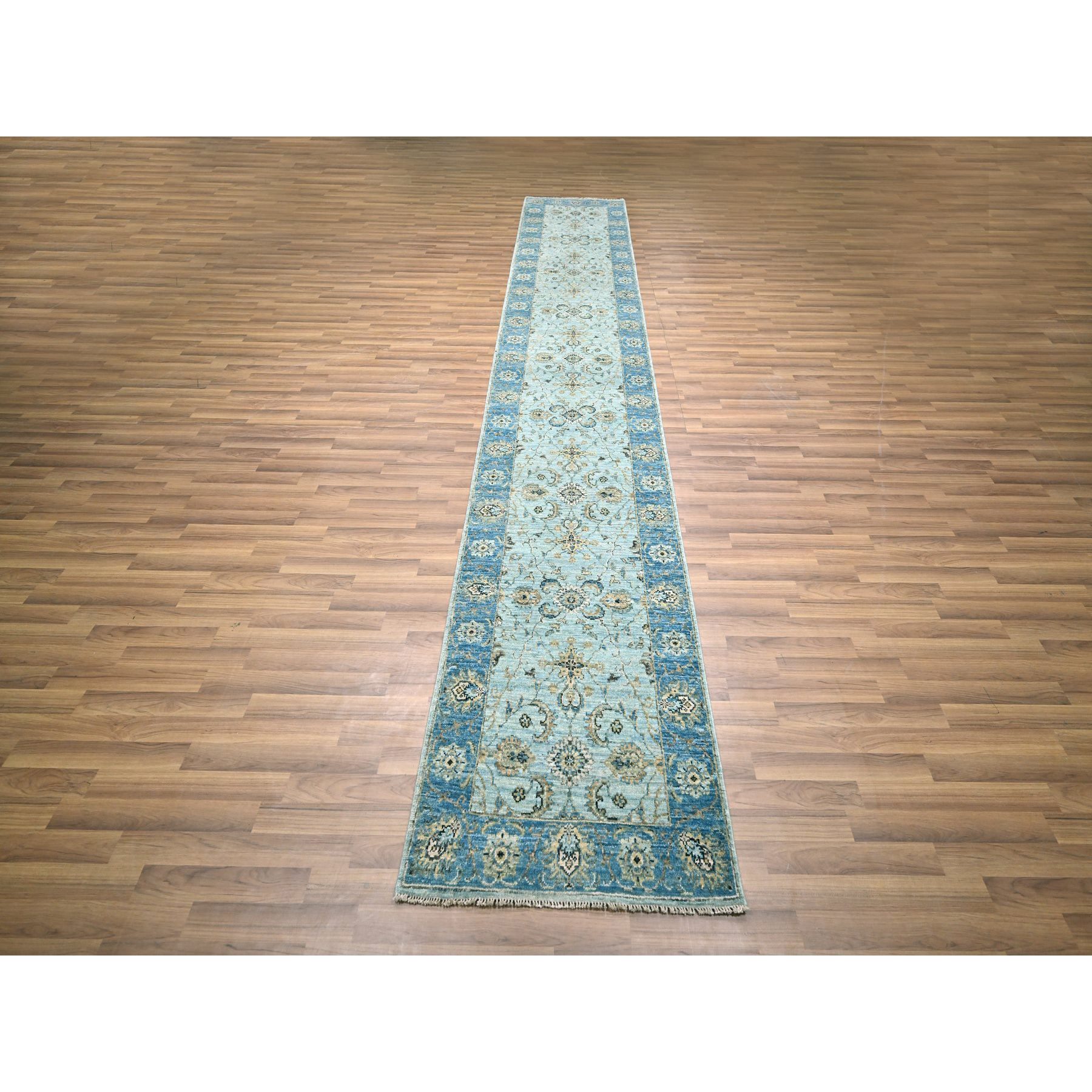 2'6"x14' Light Cyan Blue, All Over Shah Abbas Flower Design, Vegetable Dyes, Denser Weave, Agra, Pure Wool, Hand Knotted, Runner, Oriental Rug HR76129 - Image 2