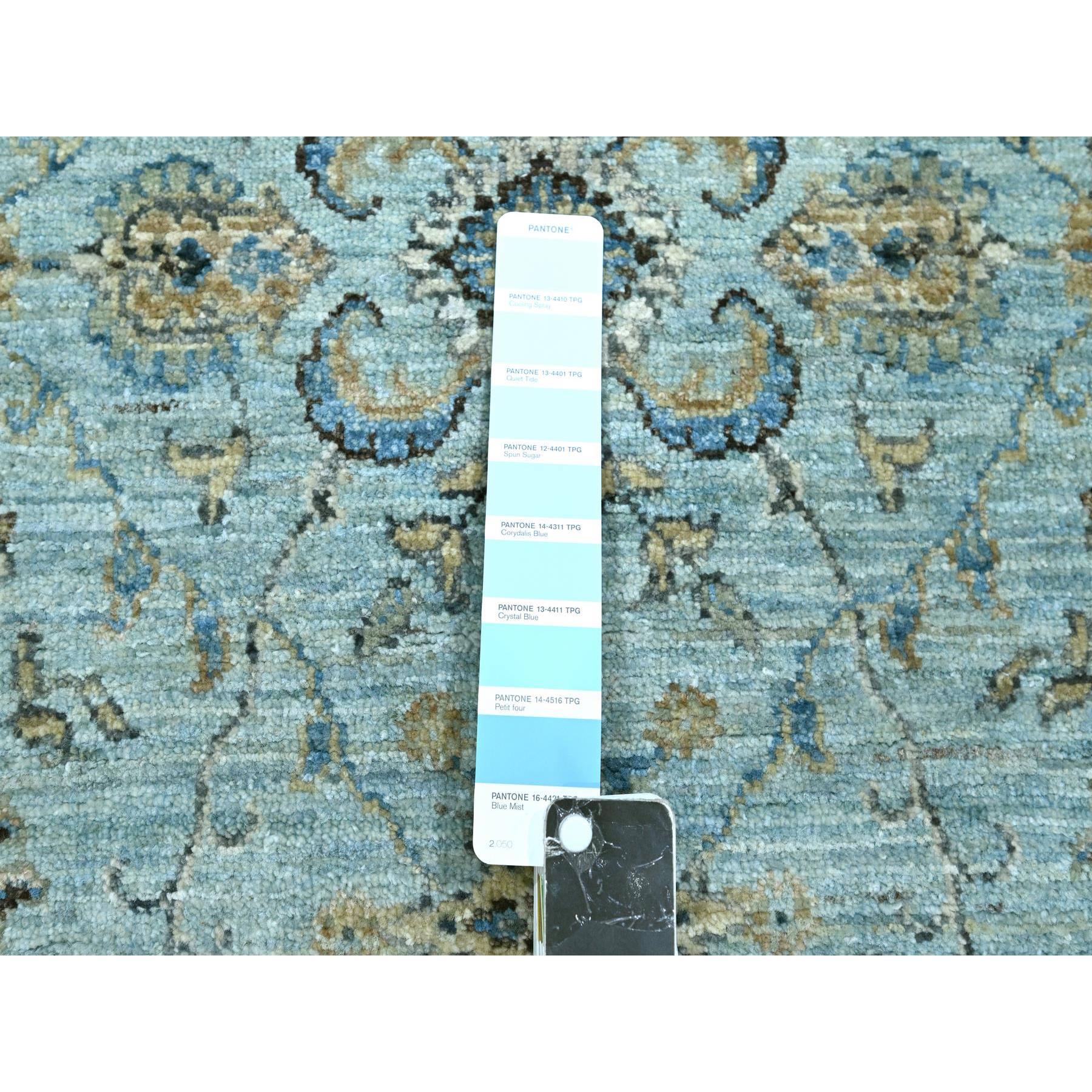 2'6"x14' Light Cyan Blue, All Over Shah Abbas Flower Design, Vegetable Dyes, Denser Weave, Agra, Pure Wool, Hand Knotted, Runner, Oriental Rug HR76129 - Image 4