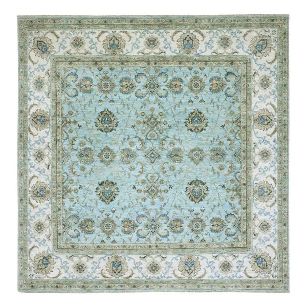 8'1"x8'1" Crystal Blue, Agra, Shah Abbas Flower Vines Design, Luxurious Wool, Denser Weave, Vegetable Dyes, Hand Knotted, Square, Oriental Rug HR76134