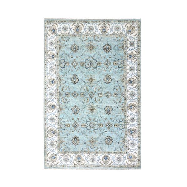 6'x9'1" Baby Blue, Hand Knotted, Agra, Shah Abbas Flower Vines Design, Pure Wool, Veggie Dyes, Denser Weave, Oriental Rug HR76137