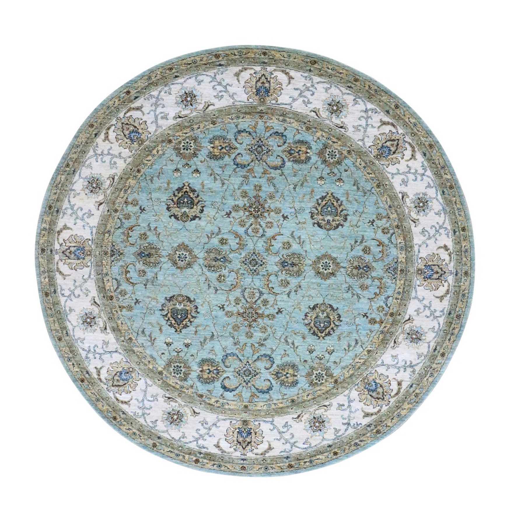 8'x8' Crystal Blue, Agra, Shah Abbas Flower Vines Design, Hand Knotted, Pure Wool, Natural Dyes, Denser Weave, Round, Oriental Rug HR76140