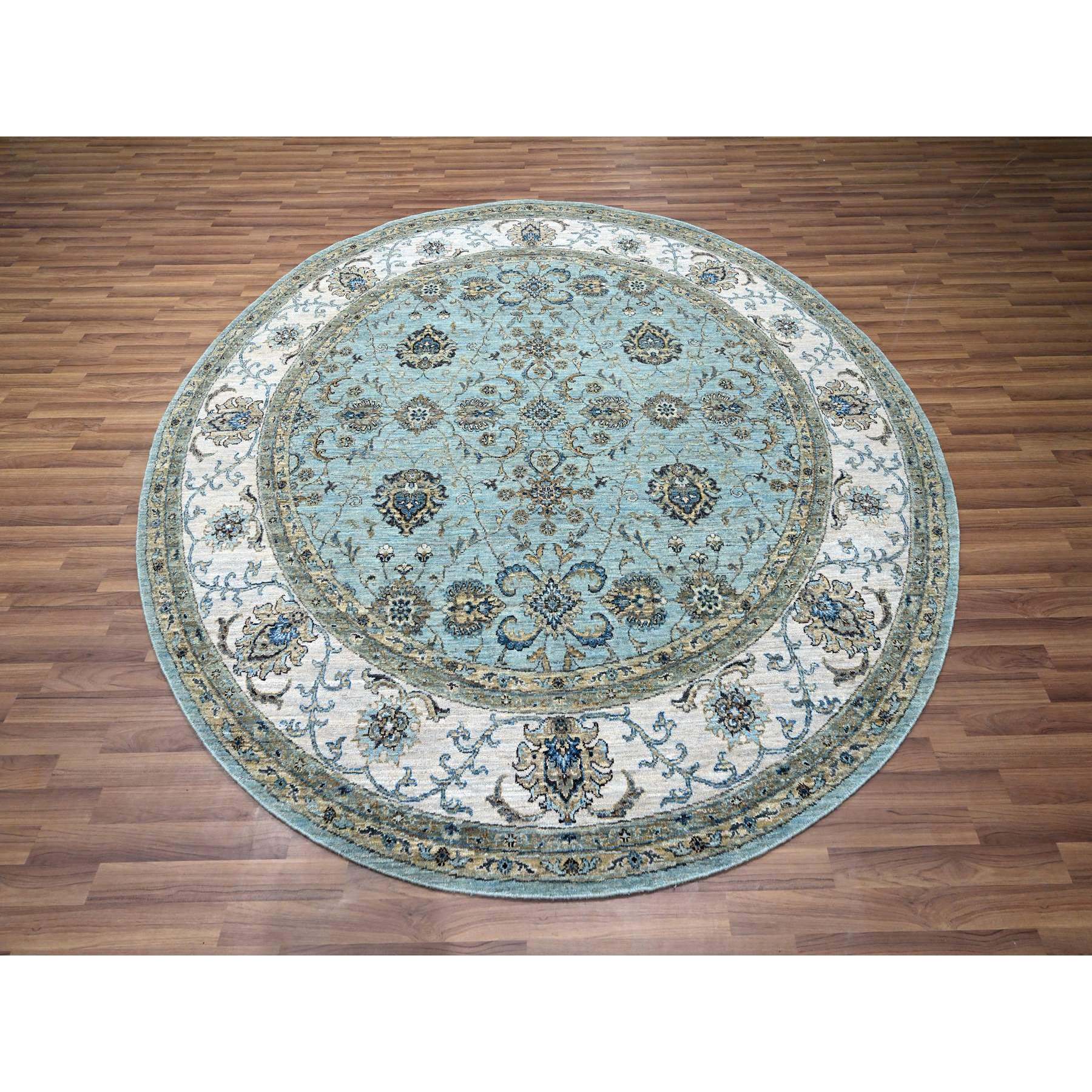 8'x8' Crystal Blue, Agra, Shah Abbas Flower Vines Design, Hand Knotted, Pure Wool, Natural Dyes, Denser Weave, Round, Oriental Rug HR76140 - Image 2
