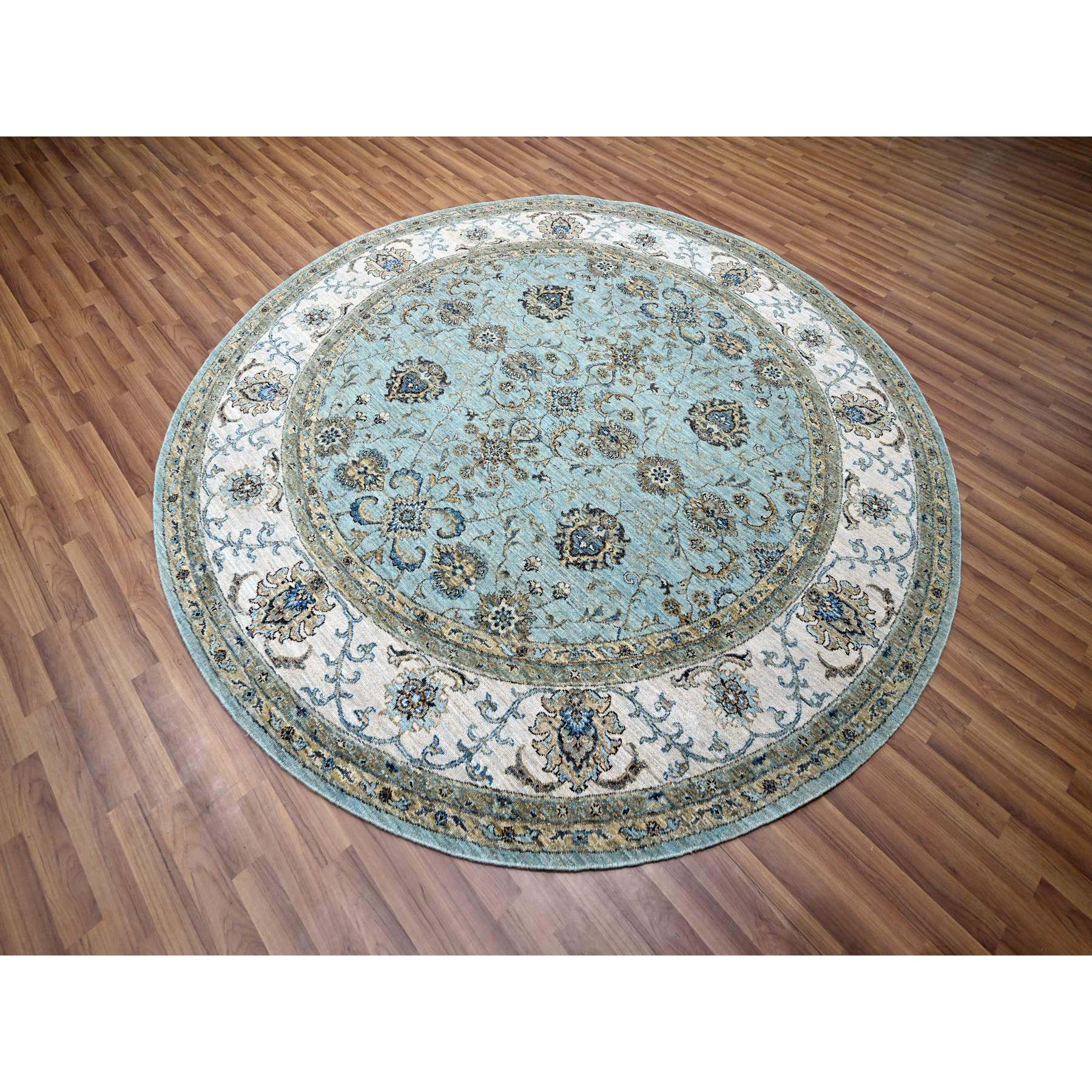 8'x8' Crystal Blue, Agra, Shah Abbas Flower Vines Design, Hand Knotted, Pure Wool, Natural Dyes, Denser Weave, Round, Oriental Rug HR76140 - Image 3