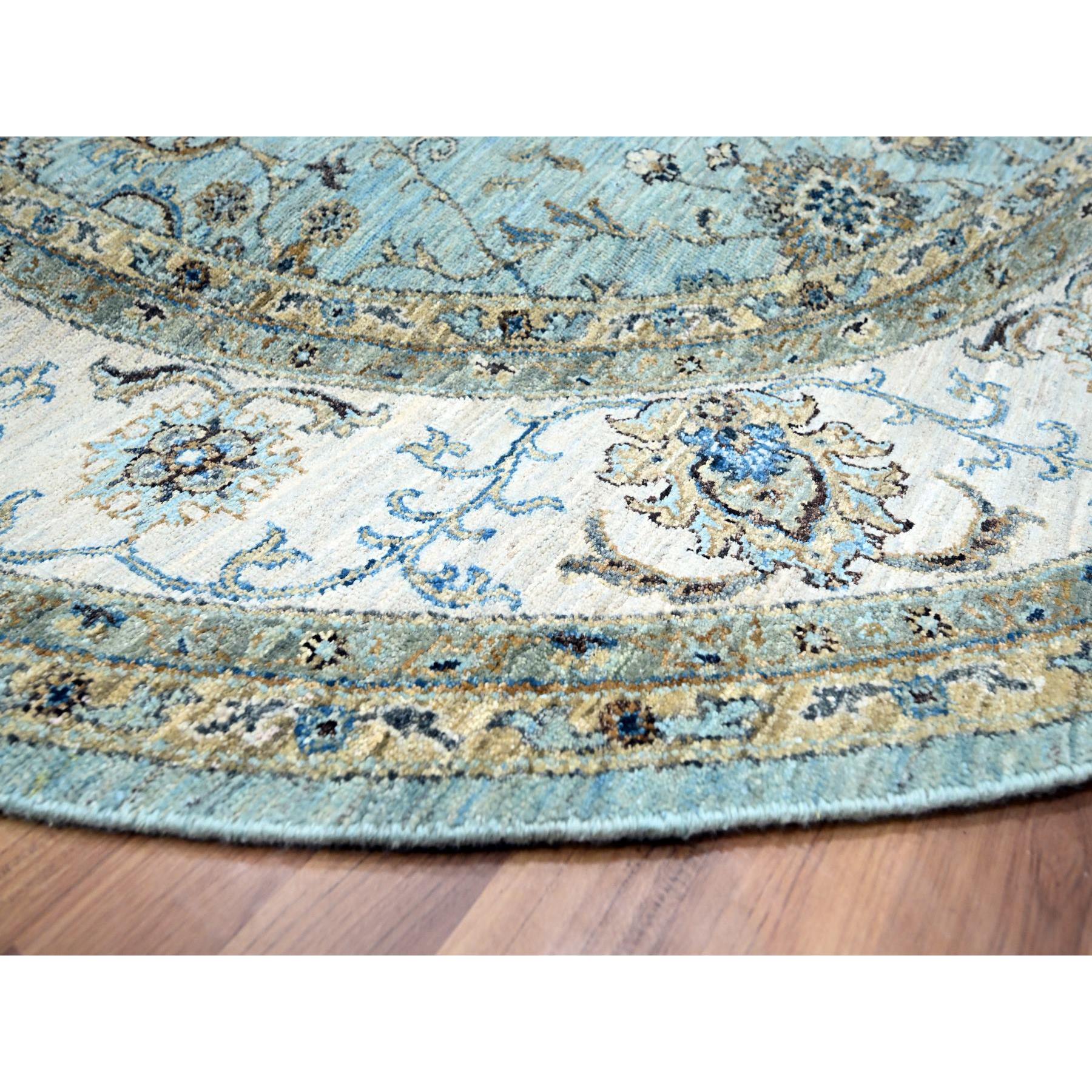 8'x8' Crystal Blue, Agra, Shah Abbas Flower Vines Design, Hand Knotted, Pure Wool, Natural Dyes, Denser Weave, Round, Oriental Rug HR76140 - Image 6