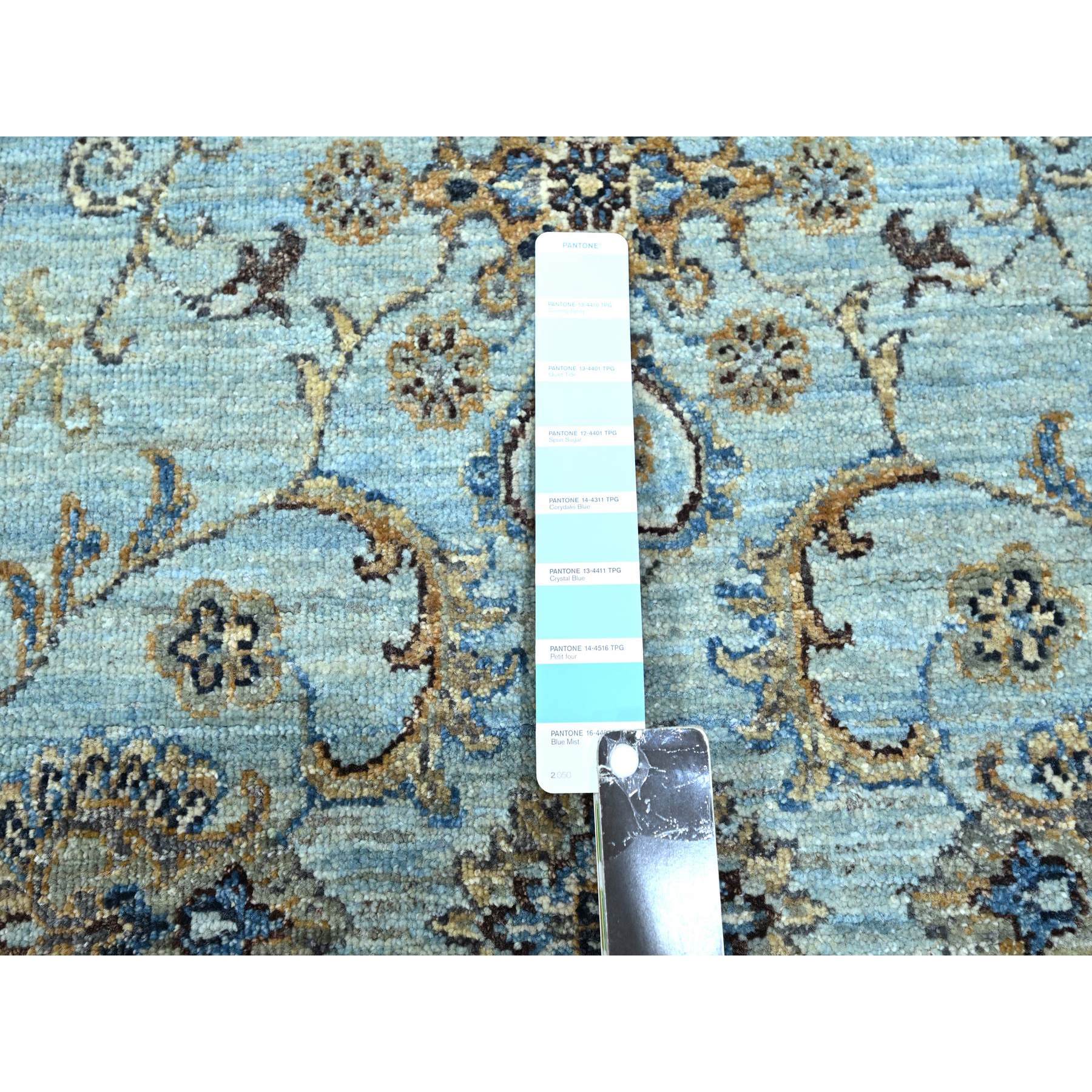 8'x8' Crystal Blue, Agra, Shah Abbas Flower Vines Design, Hand Knotted, Pure Wool, Natural Dyes, Denser Weave, Round, Oriental Rug HR76140 - Image 7