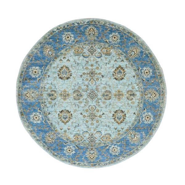 7'2"x7'2" Powder Blue, Denser Weave, Agra, All Over Shah Abbas Flower Design, Vegetable Dyes, Pure Wool, Hand Knotted, Round, Oriental Rug HR76143