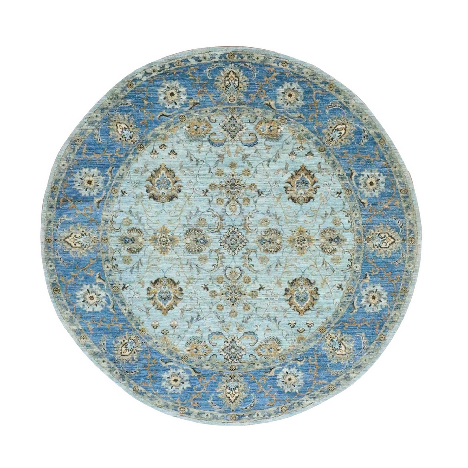 7'2"x7'2" Powder Blue, Denser Weave, Agra, All Over Shah Abbas Flower Design, Vegetable Dyes, Pure Wool, Hand Knotted, Round, Oriental Rug HR76143