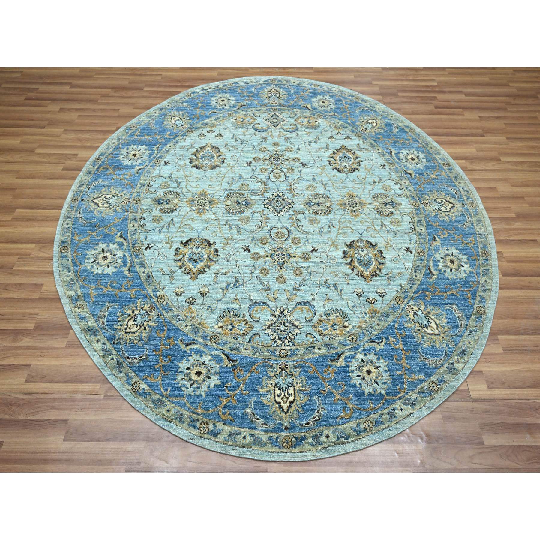 7'2"x7'2" Powder Blue, Denser Weave, Agra, All Over Shah Abbas Flower Design, Vegetable Dyes, Pure Wool, Hand Knotted, Round, Oriental Rug HR76143 - Image 2
