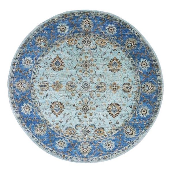 7'1"x7'1" Arctic Blue, All Over Shah Abbas Flower Design, Natural Dyes, Densely Woven, Agra, Pure Wool, Hand Knotted, Round, Oriental Rug HR76144
