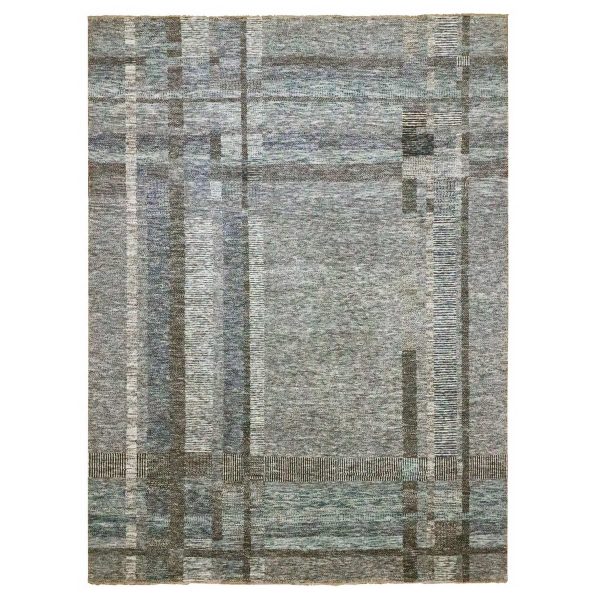 9'x12'1" Barely Blue with Brown, Modern Geometric Opened Up Plaid Design, 100% Wool, Hand Knotted, Thick and Plush, Oriental Rug HR76152