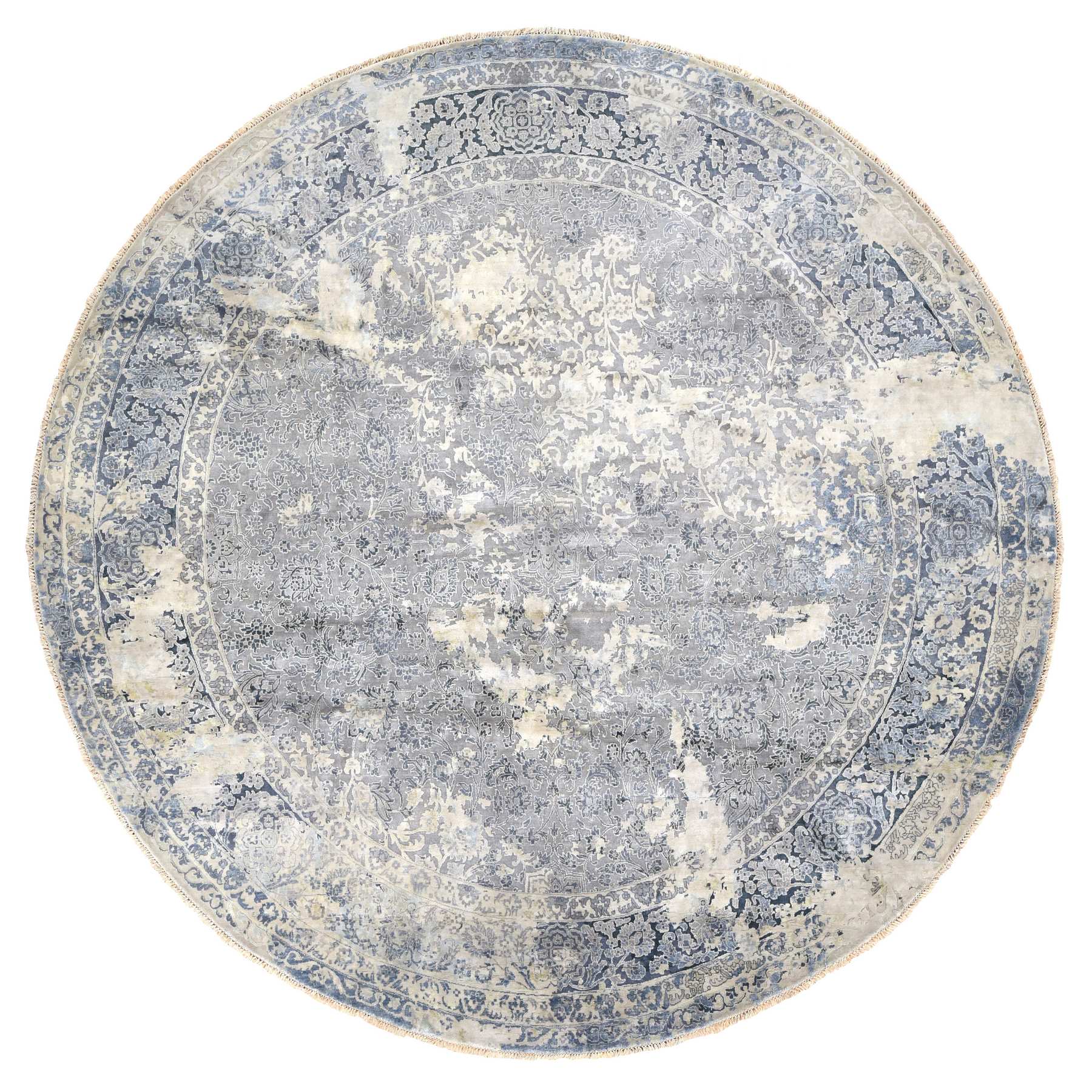 11'10"x11'10" Ash Gray, Broken and Erased Kashan Design, Pure Silk, Hand Knotted, Round Oriental Rug HR78065