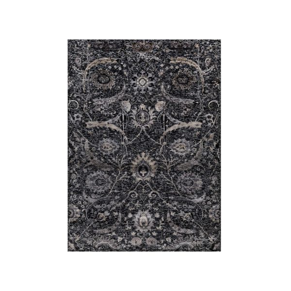 4'10"x7' Phantom Black, Hand Knotted, Sickle Leaf Design, Soft Pile, Lush and Plush, Wool and Silk, Oriental Rug HR91135
