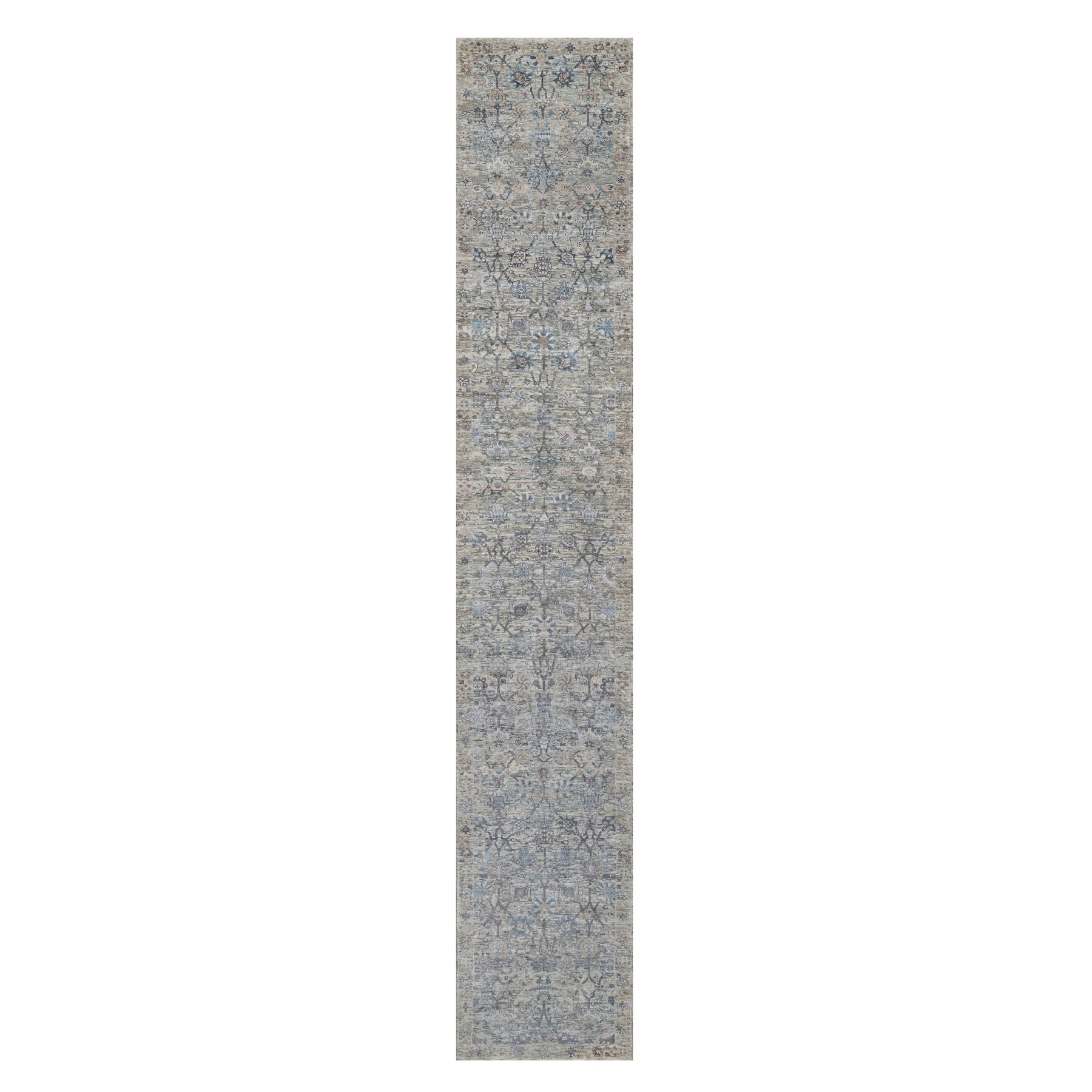 2'7'x15'9" Rice White, Hand Knotted, Sickle Leaf Design, Soft Pile, Silk with Textured Wool, XL Runner, Oriental Rug HR91158