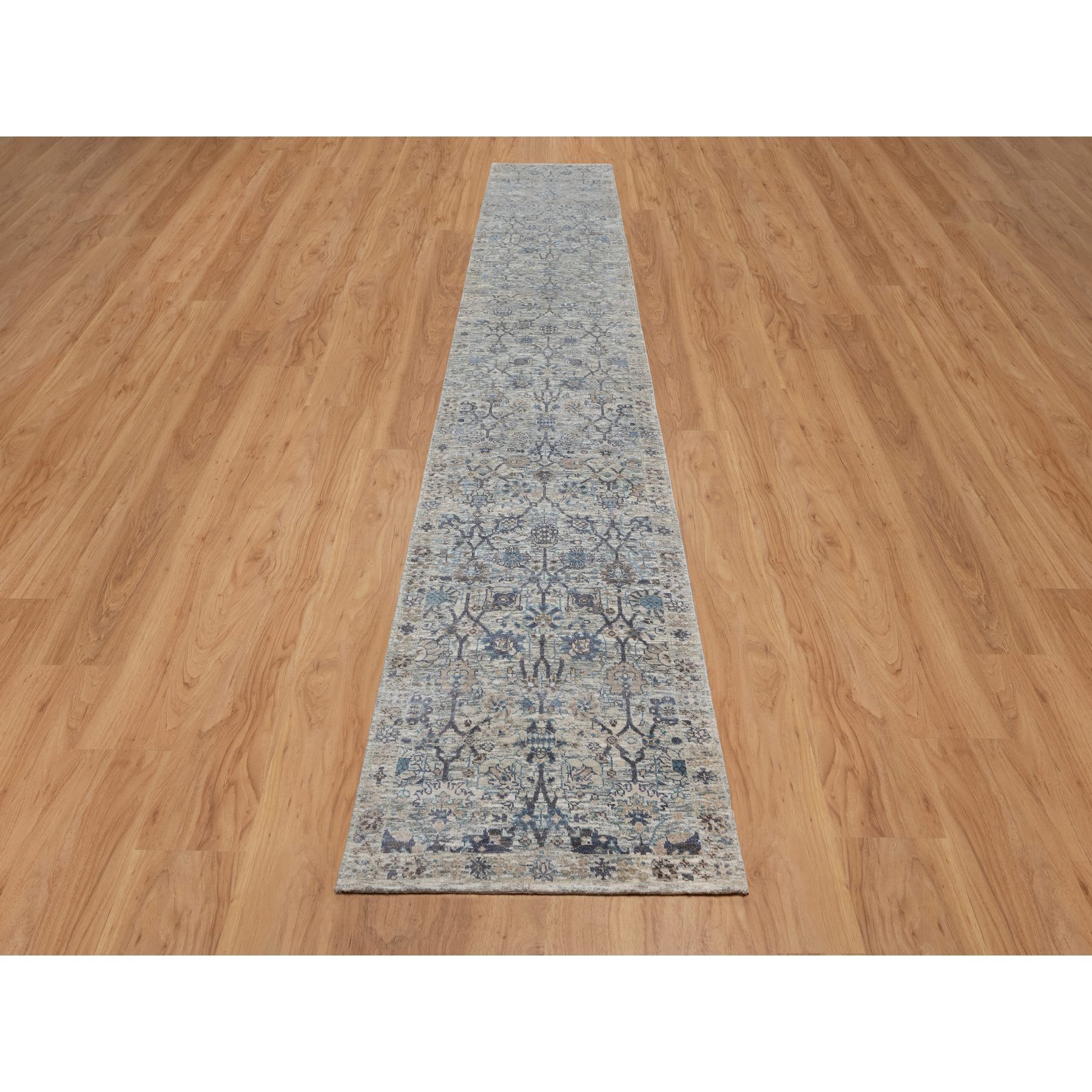 2'7'x15'9" Rice White, Hand Knotted, Sickle Leaf Design, Soft Pile, Silk with Textured Wool, XL Runner, Oriental Rug HR91158 - Image 2