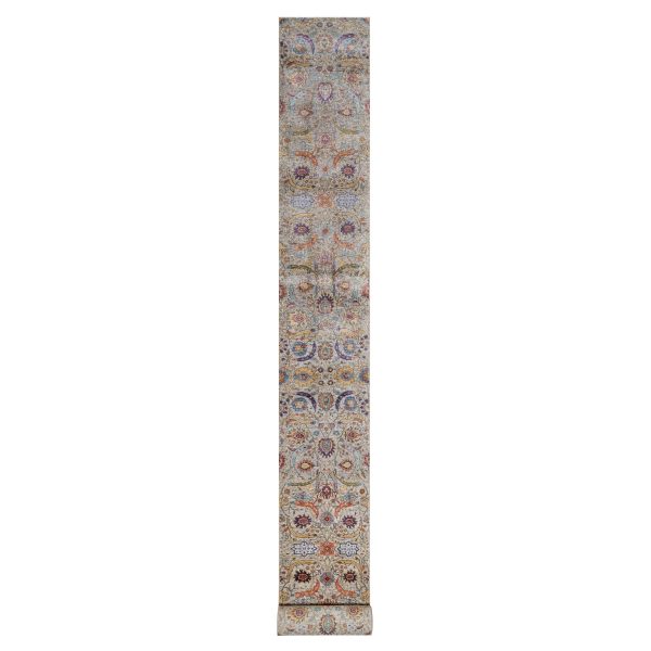 2'5"x26' Chiffon White, Silk with Textured Wool, Hand Knotted, Sickle Leaf Design, Borderless, XL Runner, Oriental Rug HR91159