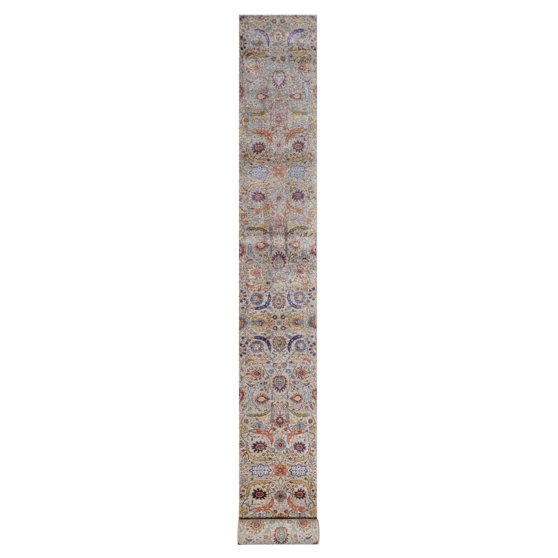 2'5"x26' Chiffon White, Silk with Textured Wool, Hand Knotted, Sickle Leaf Design, Borderless, XL Runner, Oriental Rug HR91159