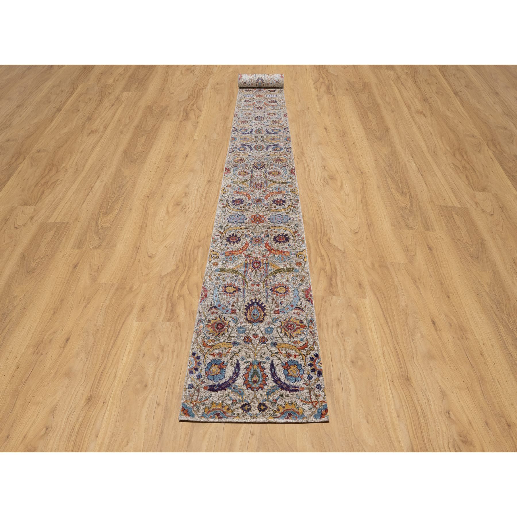2'5"x26' Chiffon White, Silk with Textured Wool, Hand Knotted, Sickle Leaf Design, Borderless, XL Runner, Oriental Rug HR91159 - Image 2