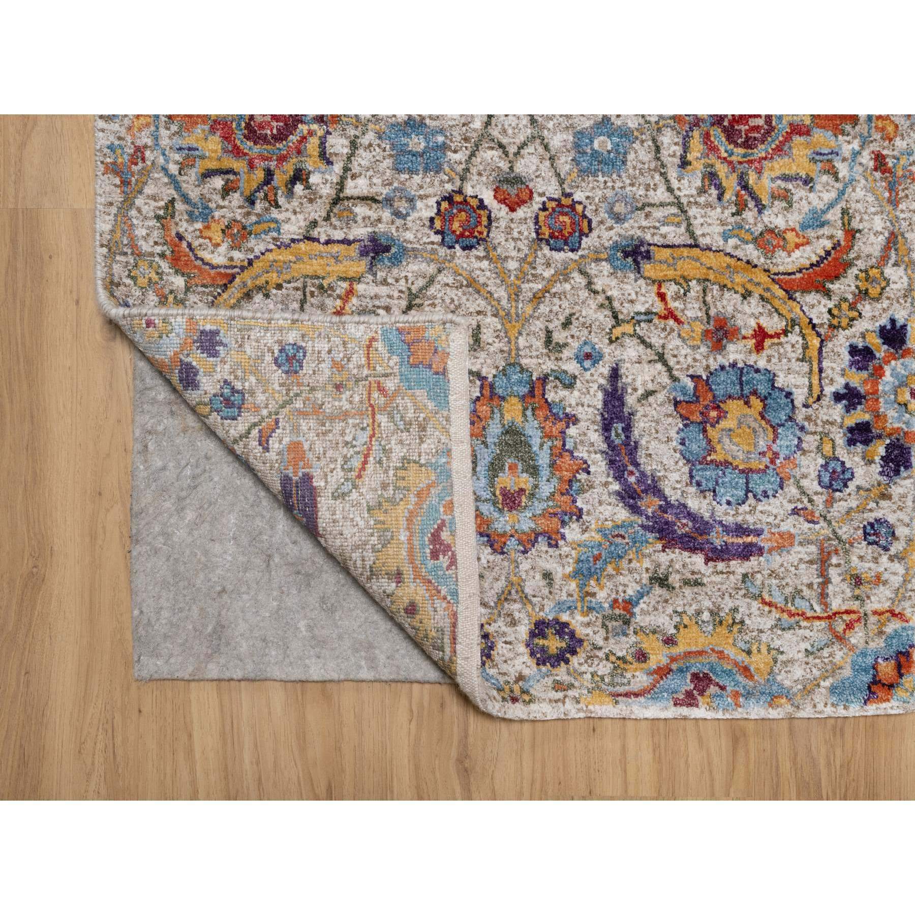 2'5"x26' Chiffon White, Silk with Textured Wool, Hand Knotted, Sickle Leaf Design, Borderless, XL Runner, Oriental Rug HR91159 - Image 3