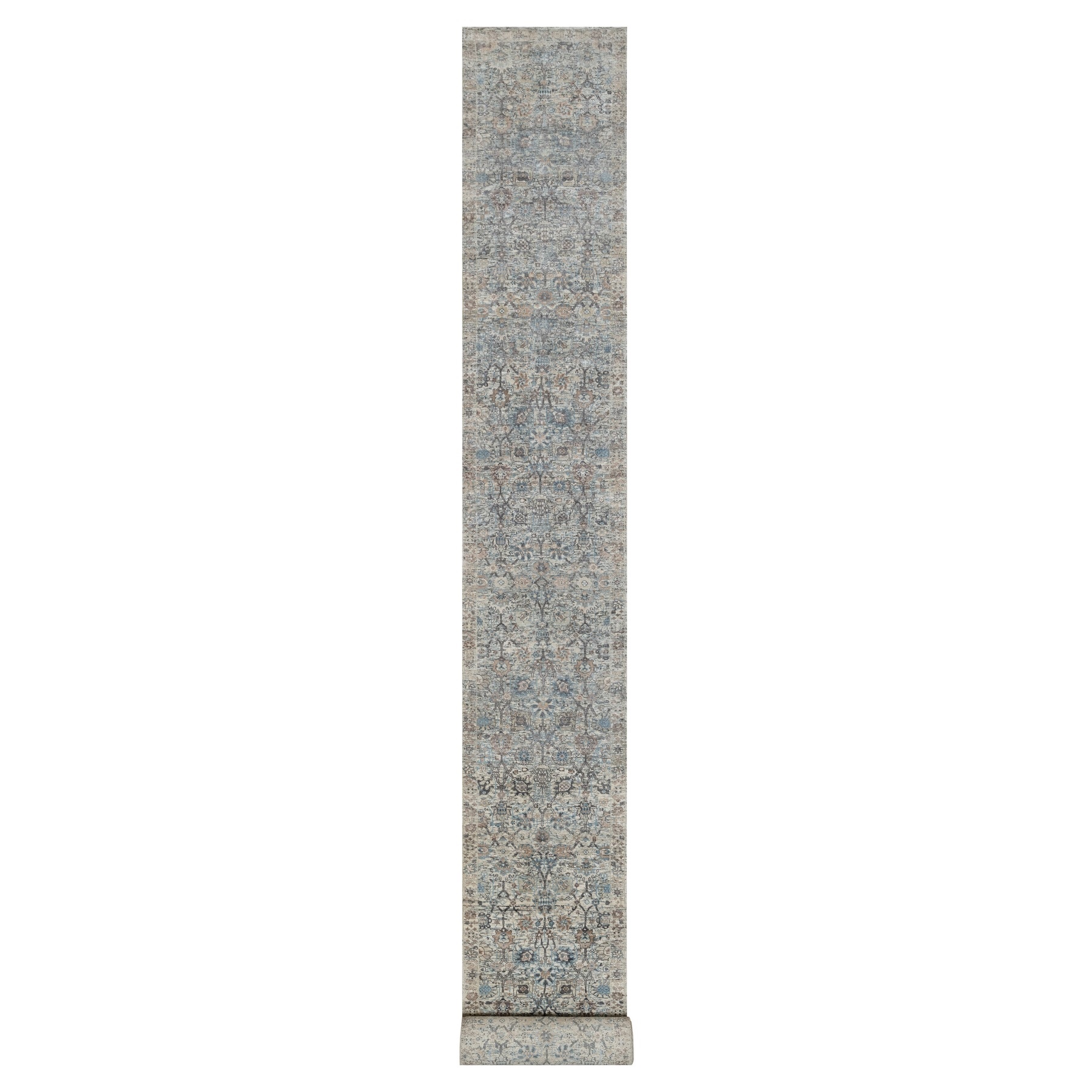 2'7"x25'9" Daisy White, Soft Pile, Sickle Leaf Design, Silk with Textured Wool, Hand Knotted, XL Runner, Oriental Rug HR91162