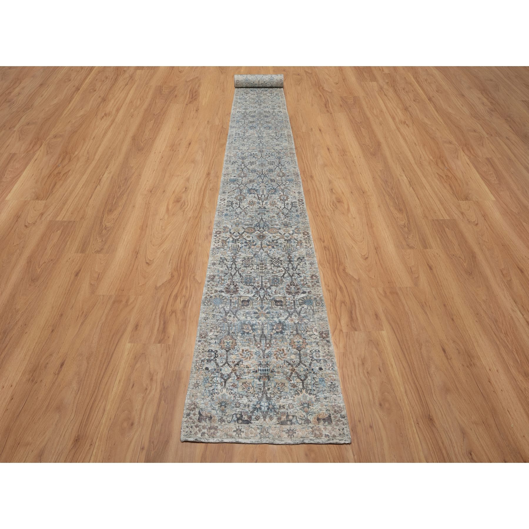 2'7"x25'9" Daisy White, Soft Pile, Sickle Leaf Design, Silk with Textured Wool, Hand Knotted, XL Runner, Oriental Rug HR91162 - Image 2