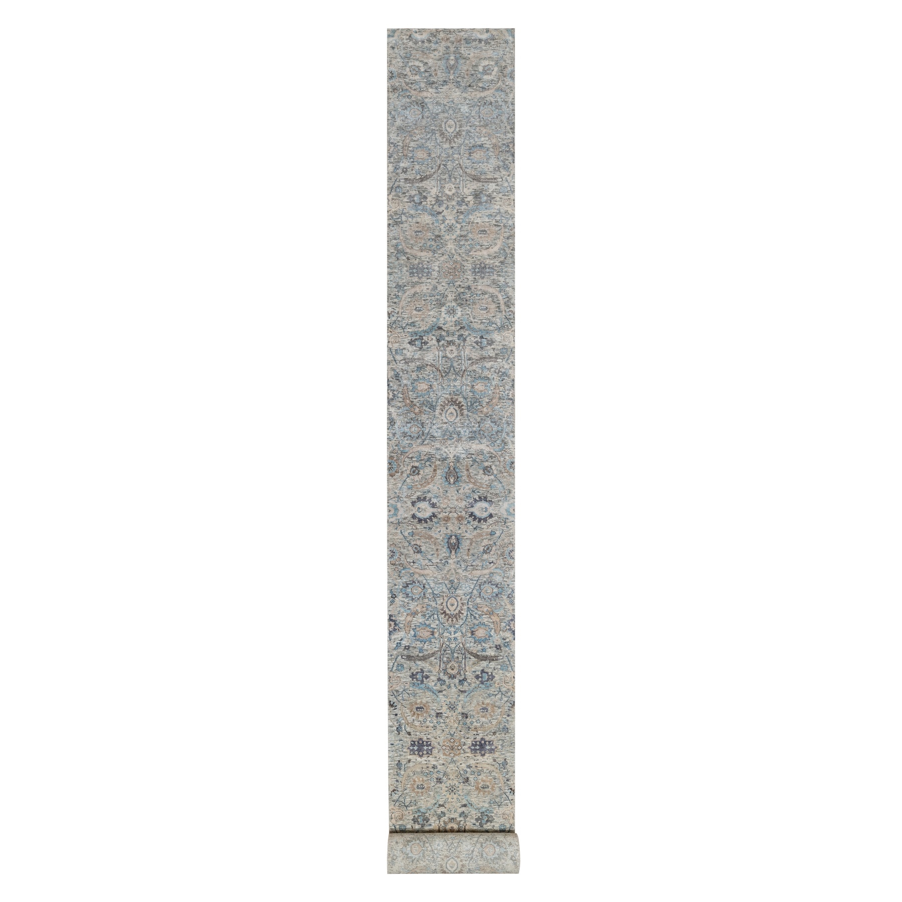 2'6"x27'9" Powder White, Sickle Leaf Design, Soft Pile, Silk with Textured Wool, Hand Knotted, XL Runner, Oriental Rug HR91163