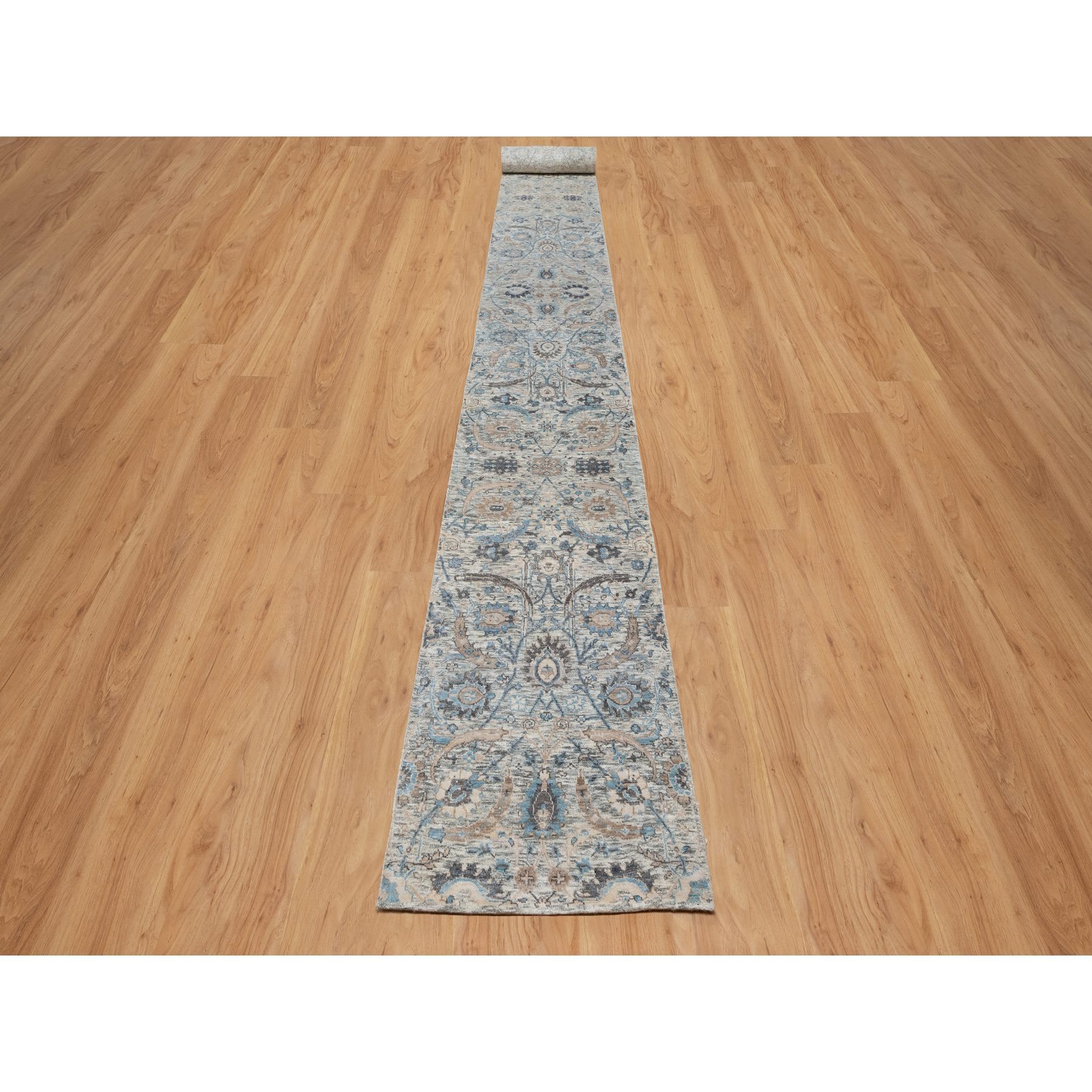 2'6"x27'9" Powder White, Sickle Leaf Design, Soft Pile, Silk with Textured Wool, Hand Knotted, XL Runner, Oriental Rug HR91163 - Image 2