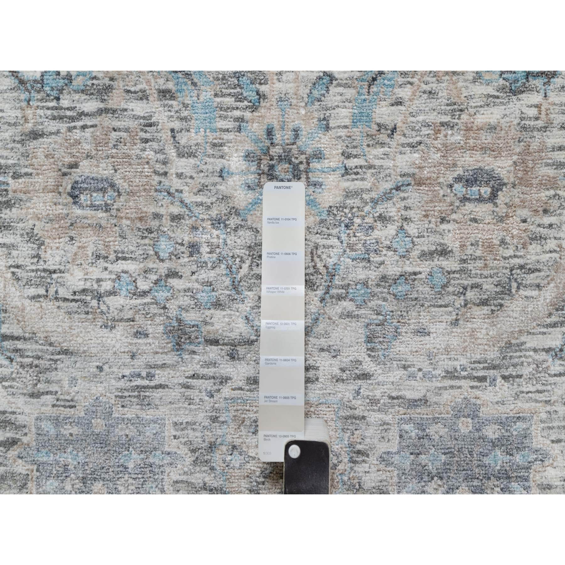 2'6"x27'9" Powder White, Sickle Leaf Design, Soft Pile, Silk with Textured Wool, Hand Knotted, XL Runner, Oriental Rug HR91163 - Image 4
