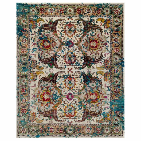8'1"x10'1" Seashell White with Pop Of Colors, Broken Persian Design, Hand Knotted, Wool and Pure Silk, Soft to the Touch, Oriental Rug HR91164