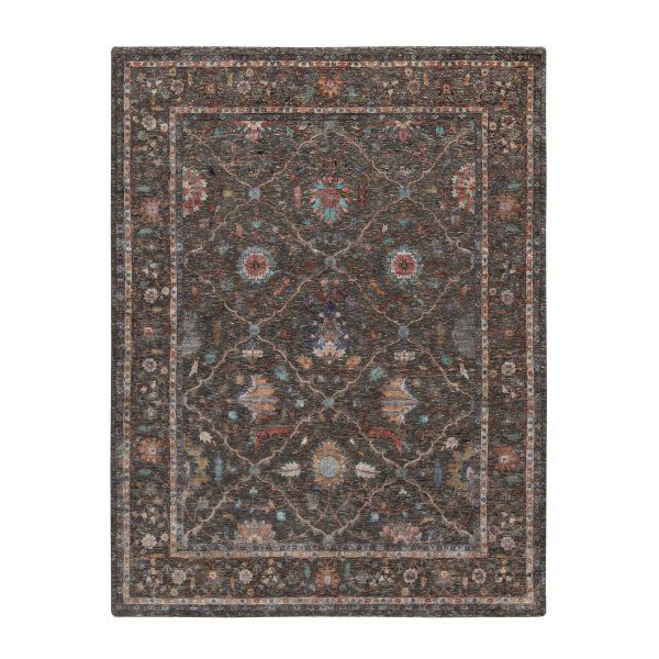 7'9"x10'2" Coffee Brown, Hand Knotted, Striae Pattern, Persian Scrolls Leaf and Flower Design, Textured Wool and Silk, Oriental Rug HR91166