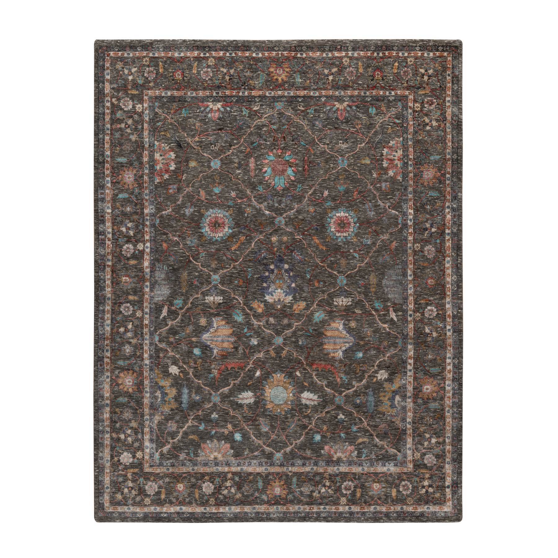 7'9"x10'2" Coffee Brown, Hand Knotted, Striae Pattern, Persian Scrolls Leaf and Flower Design, Textured Wool and Silk, Oriental Rug HR91166