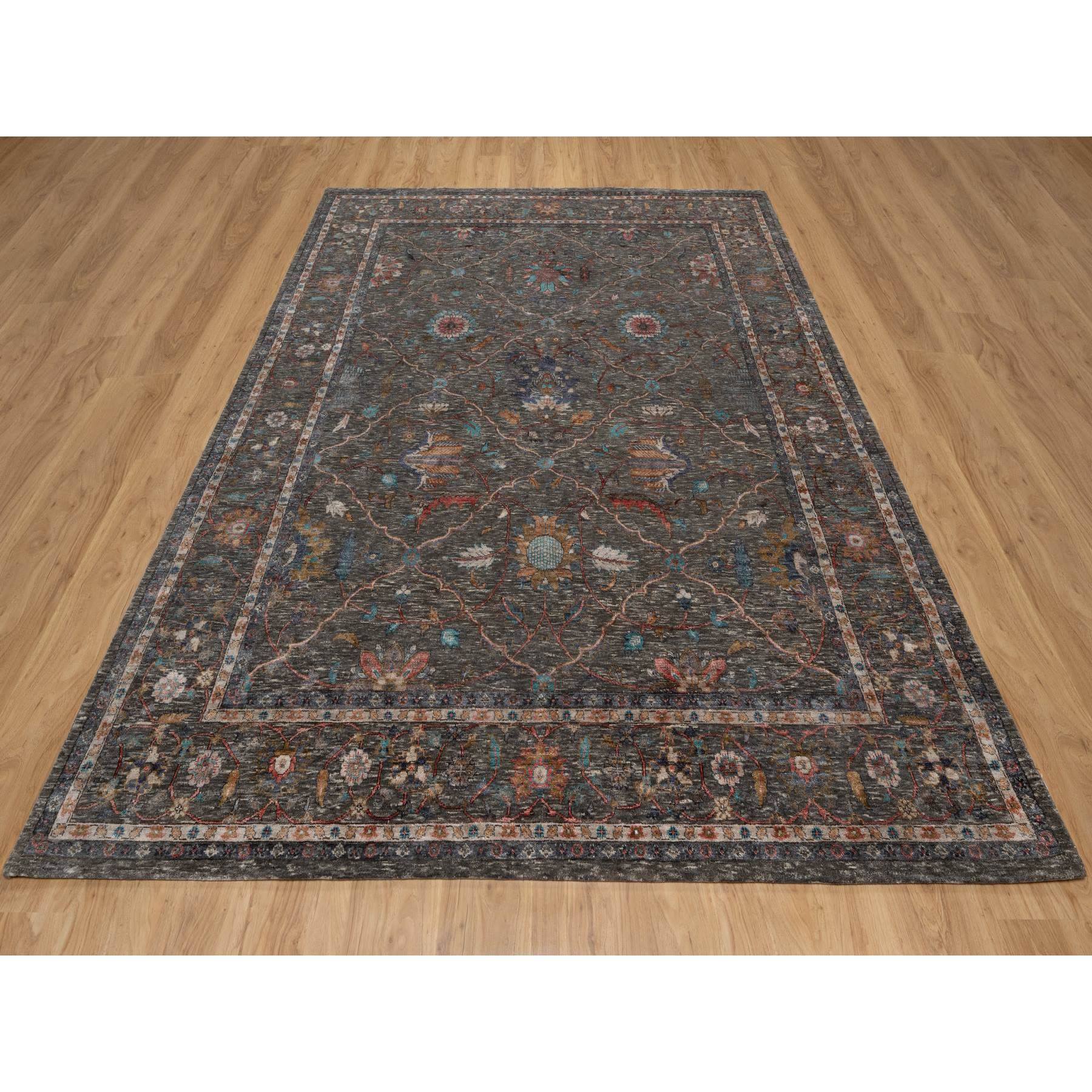 7'9"x10'2" Coffee Brown, Hand Knotted, Striae Pattern, Persian Scrolls Leaf and Flower Design, Textured Wool and Silk, Oriental Rug HR91166 - Image 2