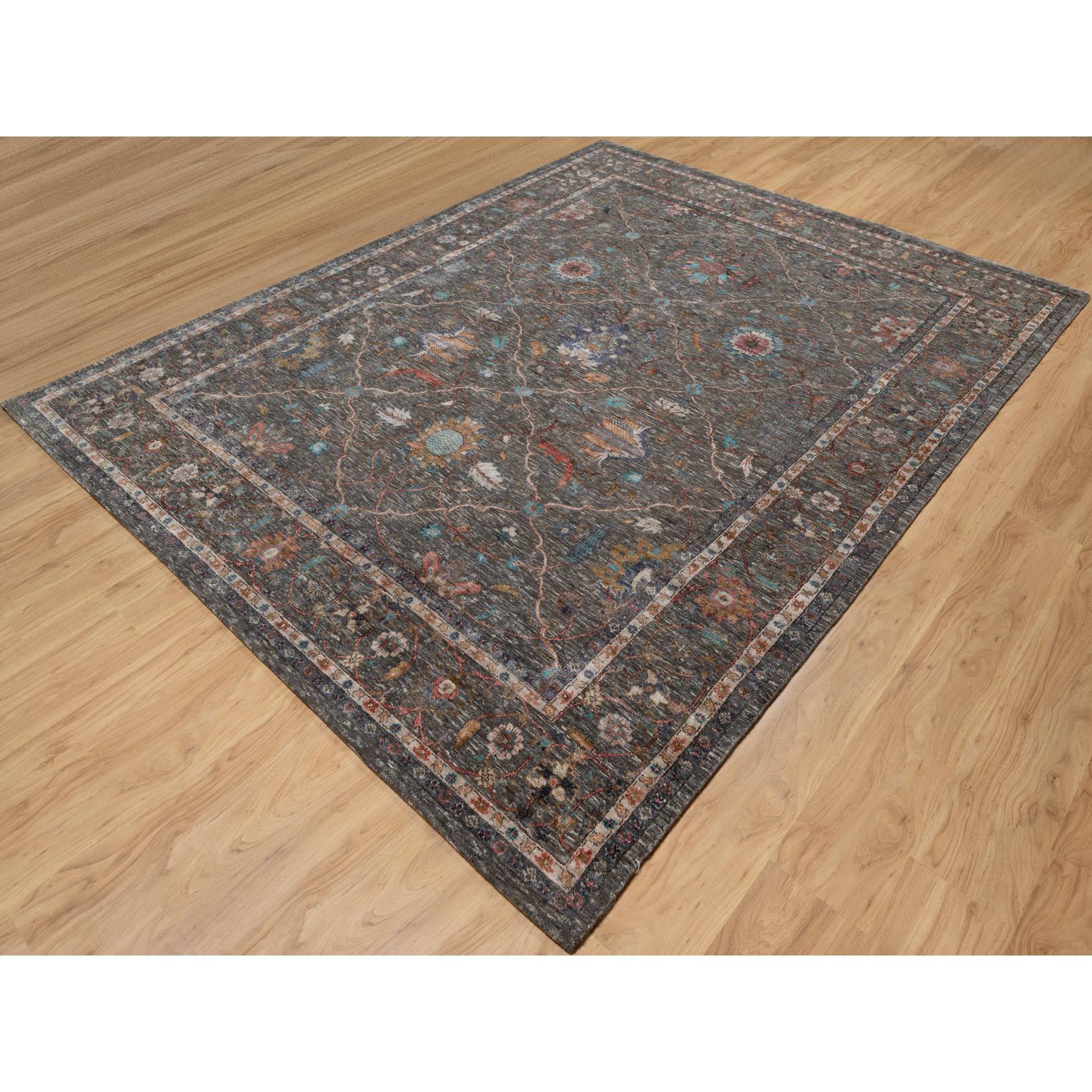 7'9"x10'2" Coffee Brown, Hand Knotted, Striae Pattern, Persian Scrolls Leaf and Flower Design, Textured Wool and Silk, Oriental Rug HR91166 - Image 3