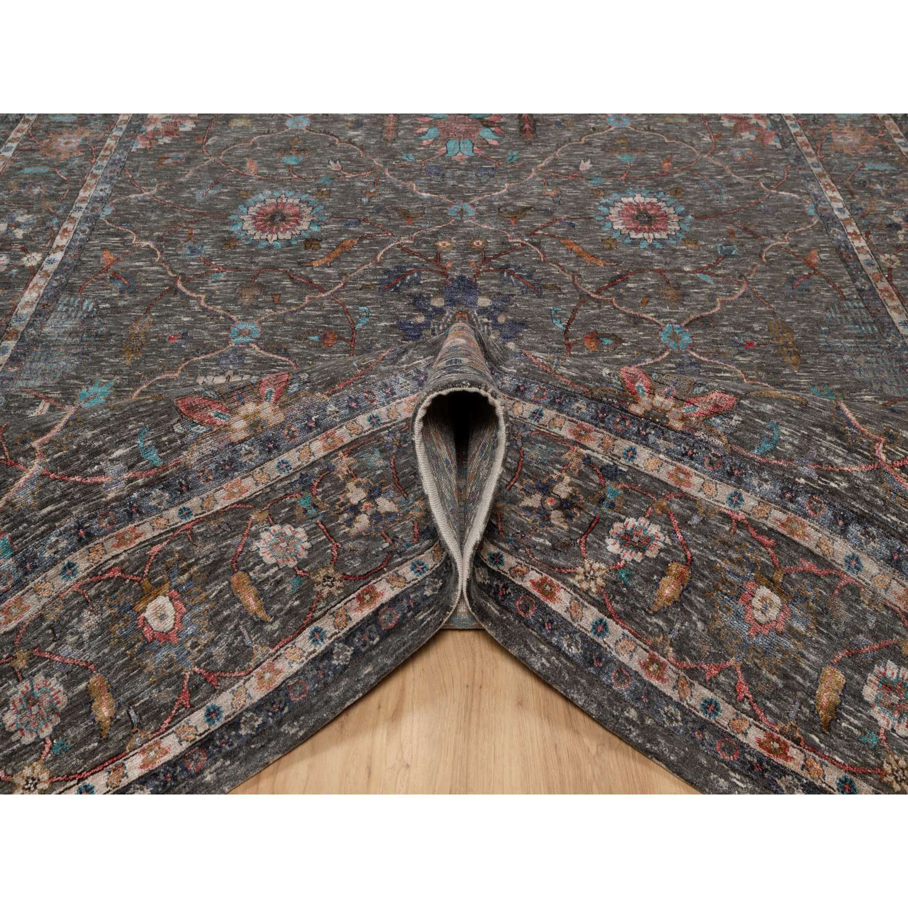 7'9"x10'2" Coffee Brown, Hand Knotted, Striae Pattern, Persian Scrolls Leaf and Flower Design, Textured Wool and Silk, Oriental Rug HR91166 - Image 5