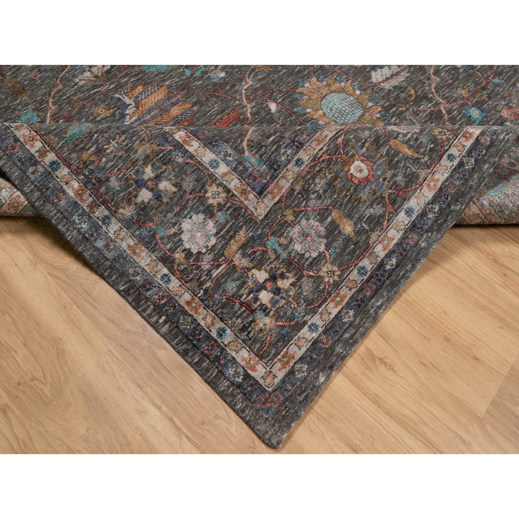 7'9"x10'2" Coffee Brown, Hand Knotted, Striae Pattern, Persian Scrolls Leaf and Flower Design, Textured Wool and Silk, Oriental Rug HR91166 - Image 6