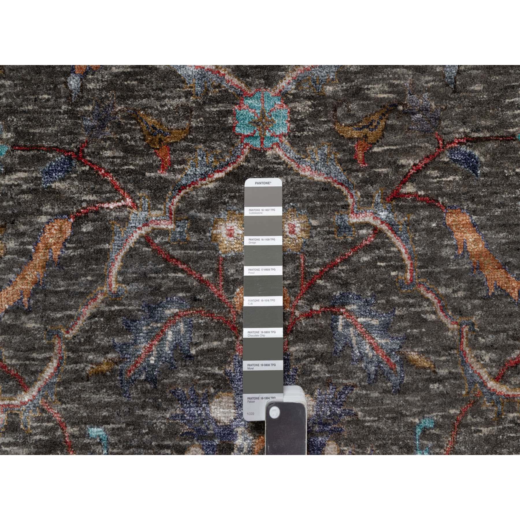 7'9"x10'2" Coffee Brown, Hand Knotted, Striae Pattern, Persian Scrolls Leaf and Flower Design, Textured Wool and Silk, Oriental Rug HR91166 - Image 7