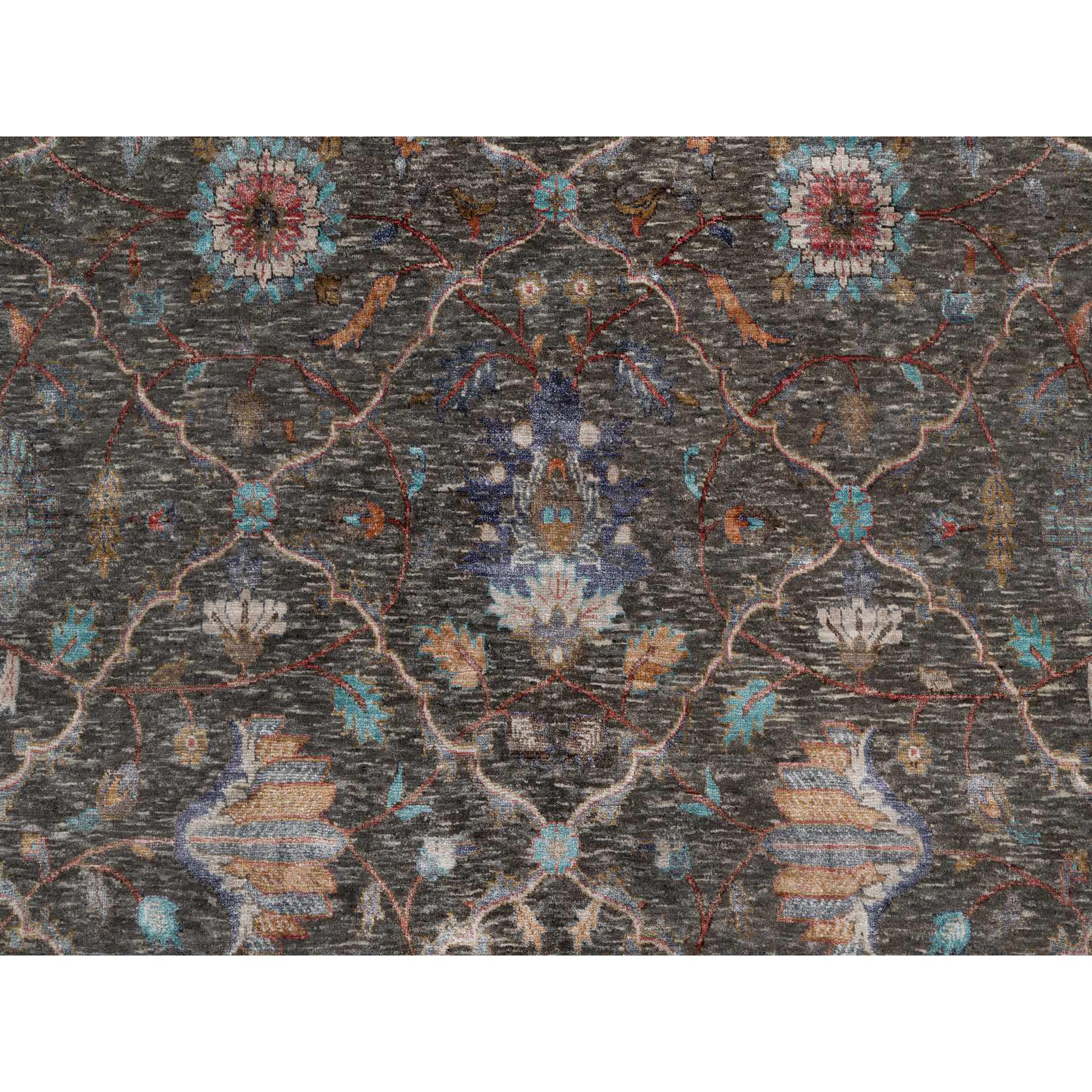 7'9"x10'2" Coffee Brown, Hand Knotted, Striae Pattern, Persian Scrolls Leaf and Flower Design, Textured Wool and Silk, Oriental Rug HR91166 - Image 8