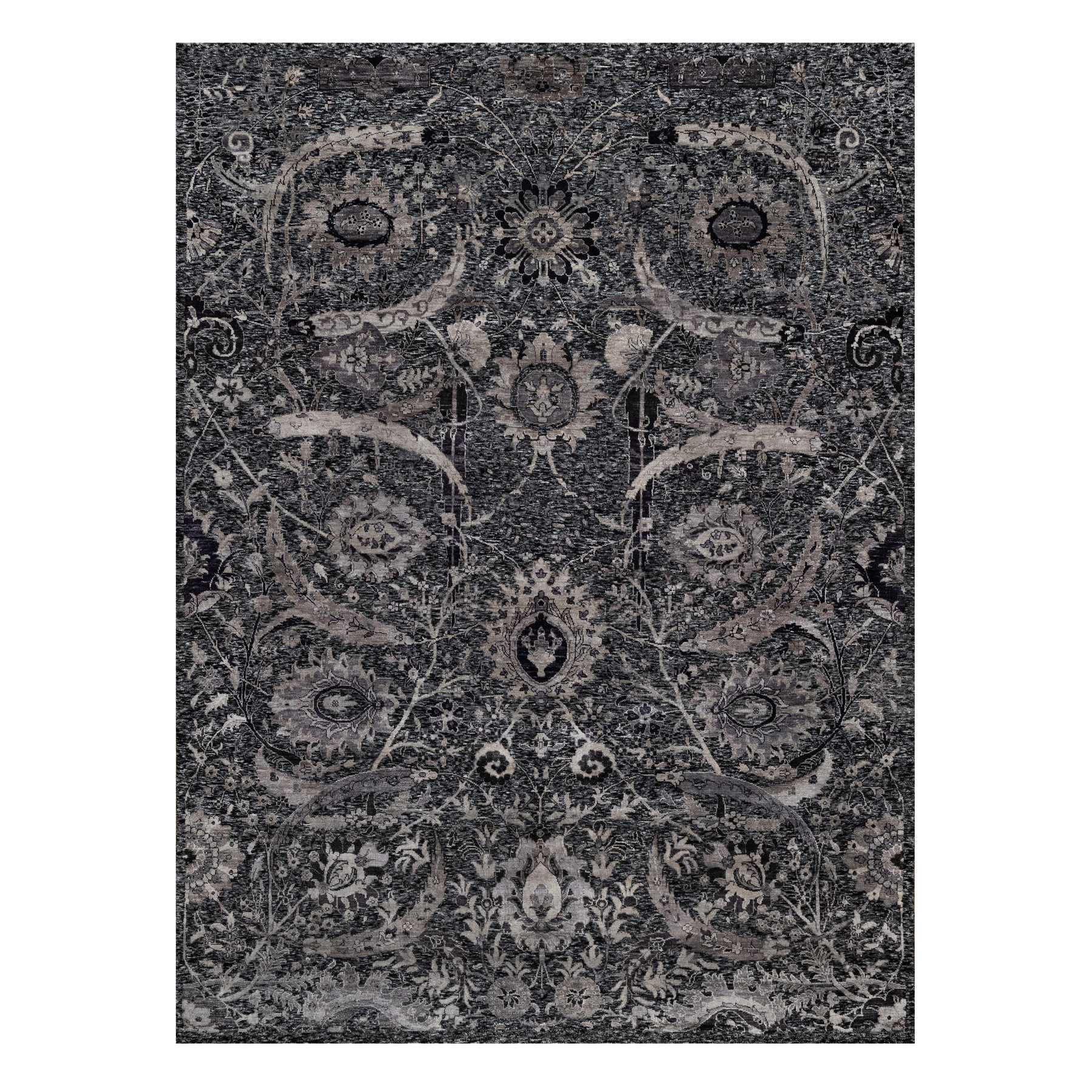 8'8"x11'10" Onyx Black, Soft Pile, Sickle Leaf Design, Lush and Plush, Hand Knotted, Wool and Silk, Oriental Rug HR91167