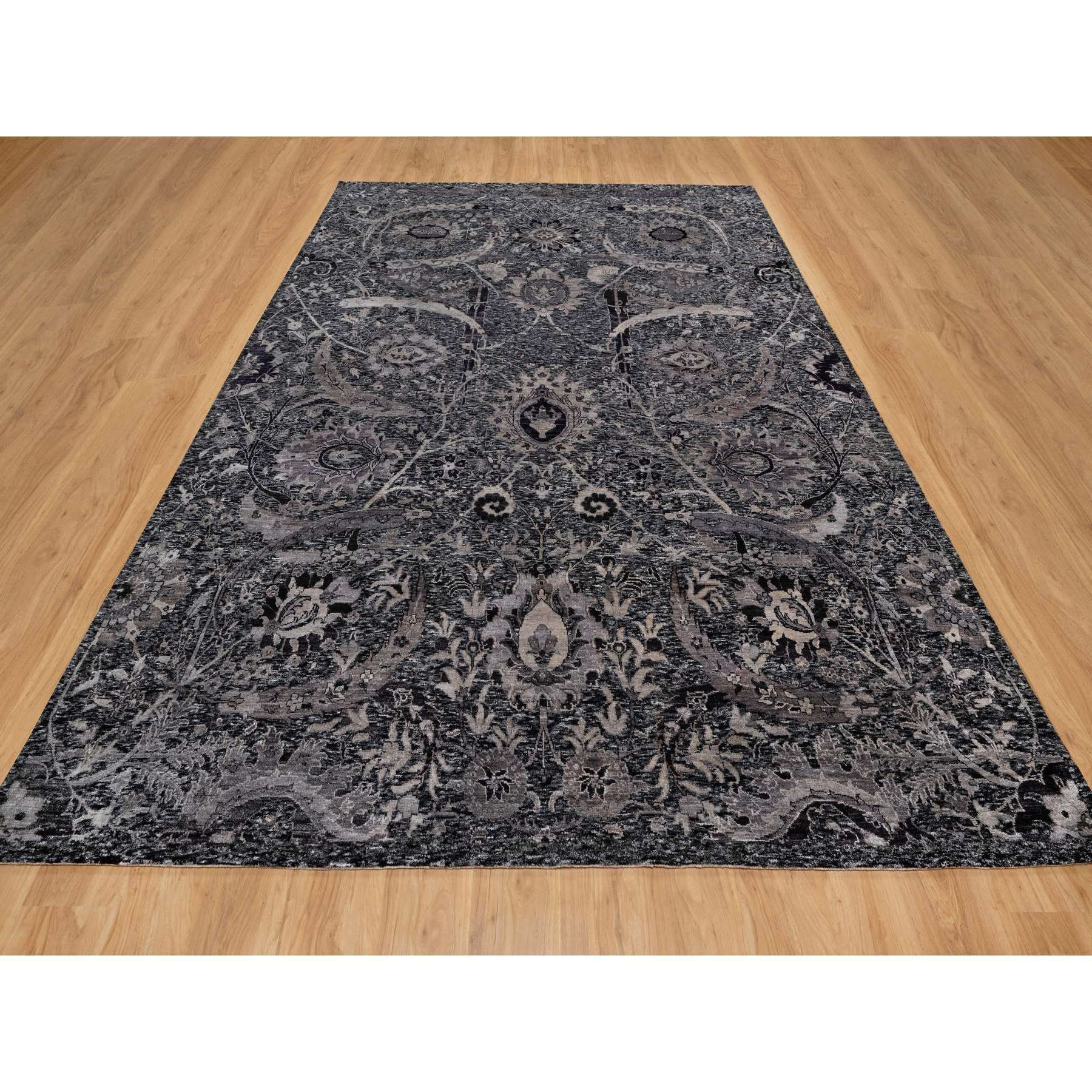 8'8"x11'10" Onyx Black, Soft Pile, Sickle Leaf Design, Lush and Plush, Hand Knotted, Wool and Silk, Oriental Rug HR91167 - Image 2